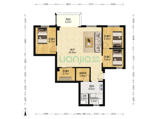 十三行路 4室1厅2卫 87平方