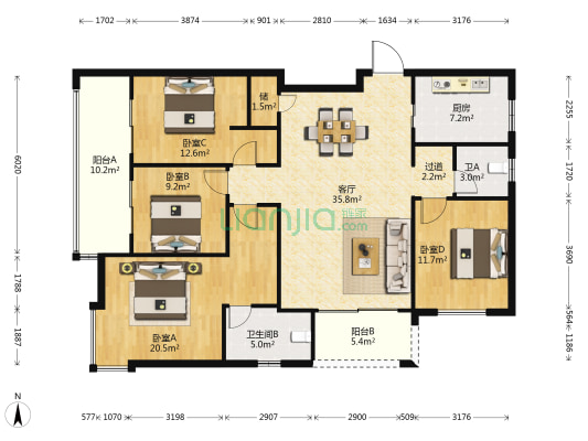 香开观海 4室1厅2卫 166平方