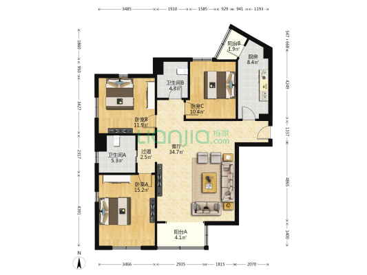 申银发展大厦 3室1厅2卫 143平方