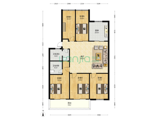 温泉树汤花园 5室1厅2卫 136平方