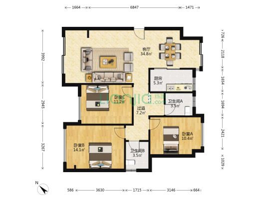 合谊理想城一期 3室1厅2卫 106平方