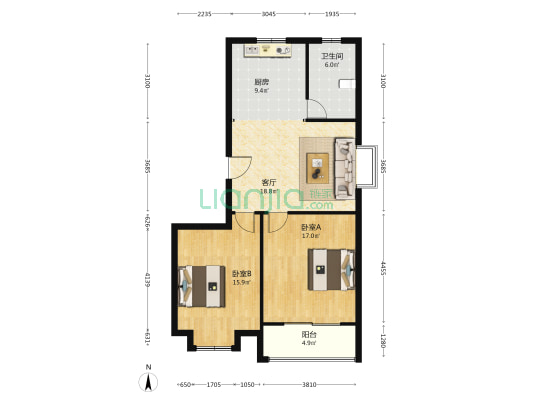 北上海花园B区 2室1厅1卫 98平方