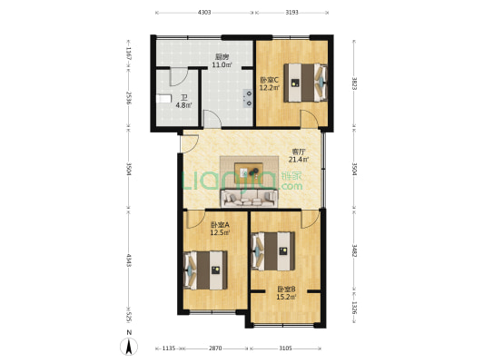 张家湾 3室1厅1卫 91平方