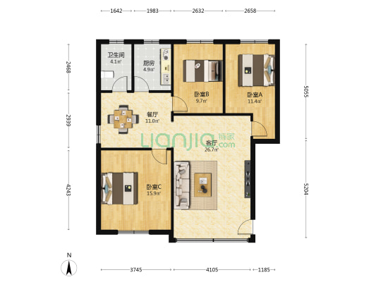 金吉花园 3室2厅1卫 100平方