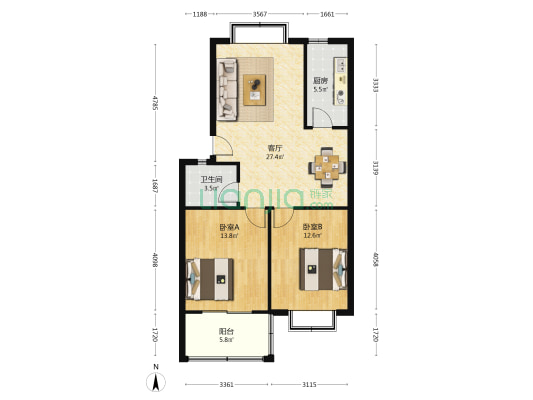 怡和嘉苑 2室1厅1卫 89平方