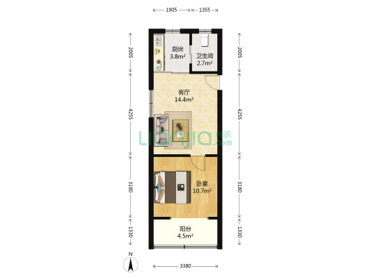 过军桥河下 1室1厅1卫 46平方