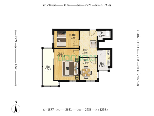 五环集团劳动幸福区 2室2厅1卫 52平方