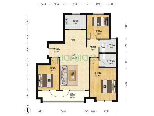世茂香奈公馆 3室1厅2卫 118平方