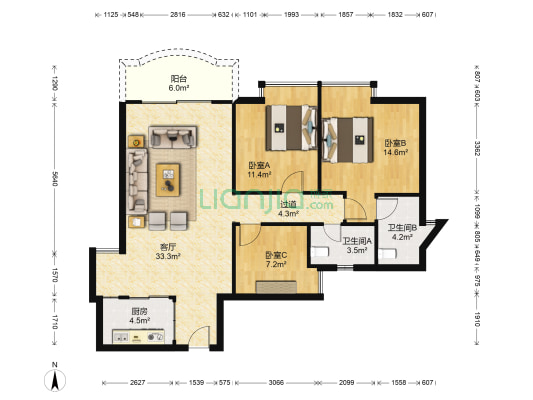 愉园新苑 3室1厅2卫 104平方