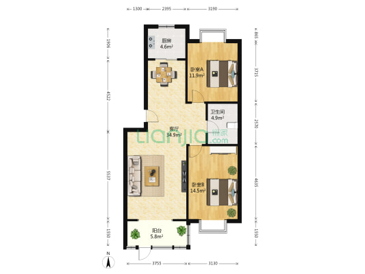 金色家园 2室1厅1卫 98平方