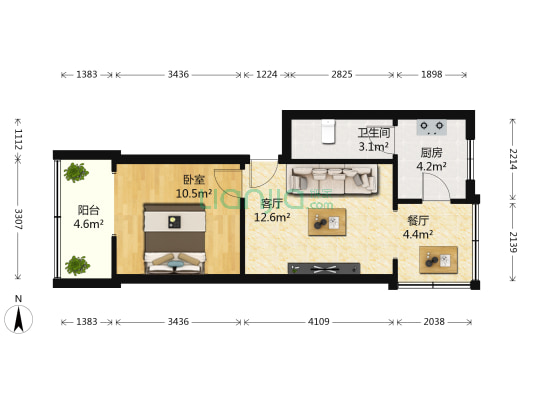 爵版街4号 1室2厅1卫 63平方