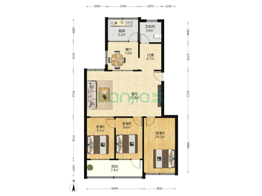山东省税务学校家属院 3室2厅1卫 102平方