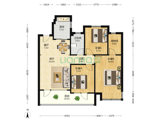 中梁首府 3室2厅1卫 119平方