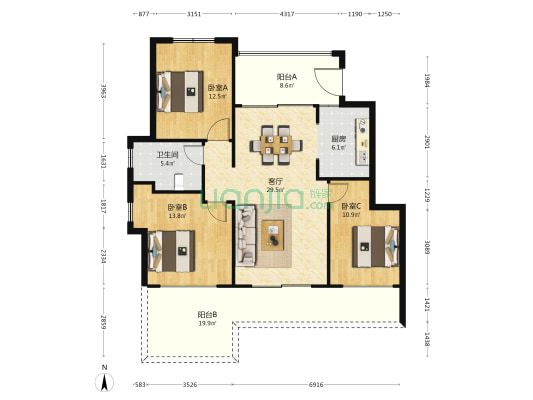 国瑞生态城瑞景墅 3室1厅1卫 108平方