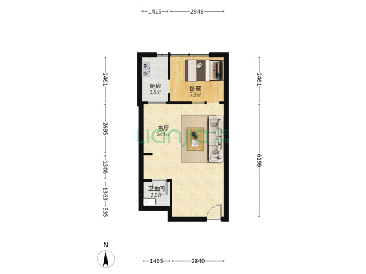 武房一号楼 1室1厅1卫 37平方