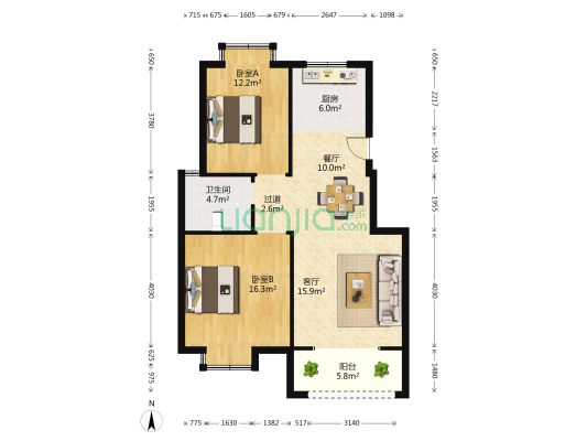 建成丽园 2室2厅1卫 89平方