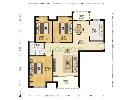 中环国际公寓(二期) 3室2厅1卫 109平方