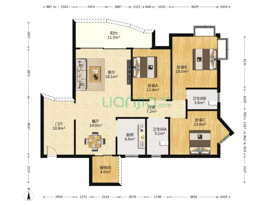 沐林美郡北区 3室2厅2卫 136平方