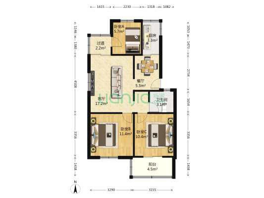 波罗小区 3室2厅1卫 68平方