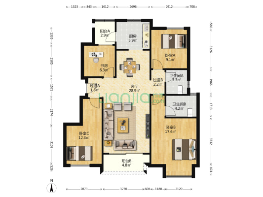 电建泷悦华府西区 4室1厅2卫 121平方