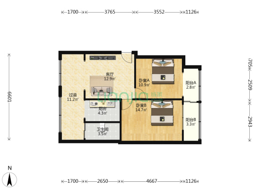绵远街18号 2室1厅1卫 66平方