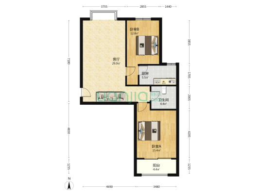 翡翠城 南北通透两居室 满两年 诚意出售-户型图
