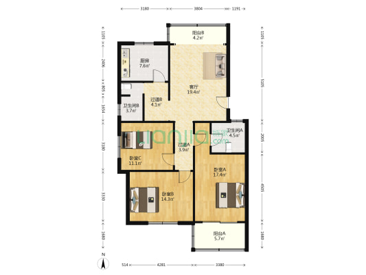 健康一村 3室1厅2卫 120平方
