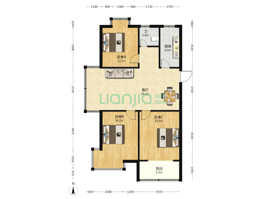 黄金水岸东区 3室1厅1卫 115平方