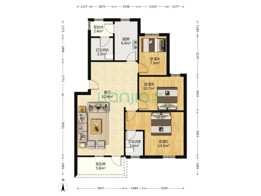 房管花园 3室1厅2卫 96平方
