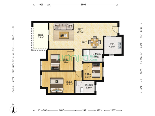 万科金域滨江 3室1厅2卫 99平方