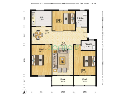 东元小区 3室2厅2卫 124平方