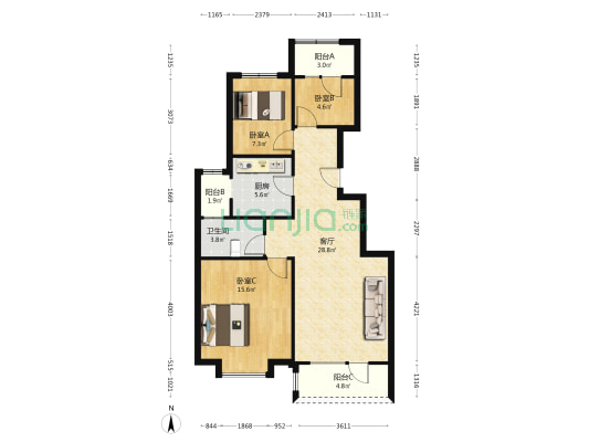 华融现代城 3室1厅 南 北-户型图
