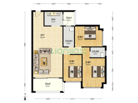 豪源美居 3室1厅2卫 120平方