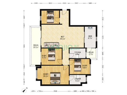 敏捷泊涛花园 4室1厅2卫 126平方