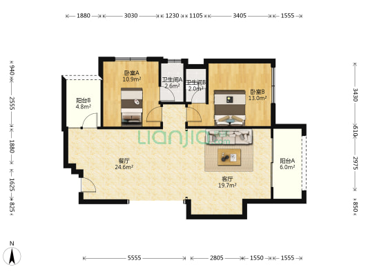 灯都华廷 2室2厅2卫 104平方