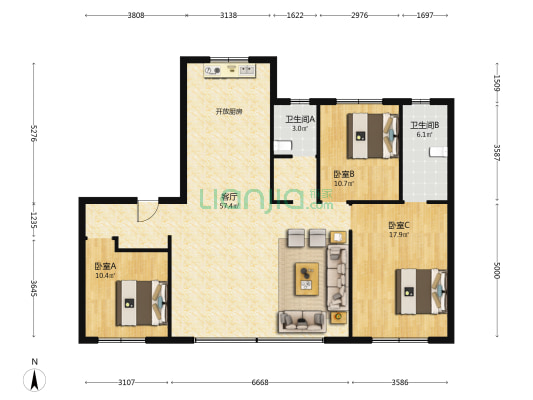 保利朗阅天阅 3室1厅2卫 136平方