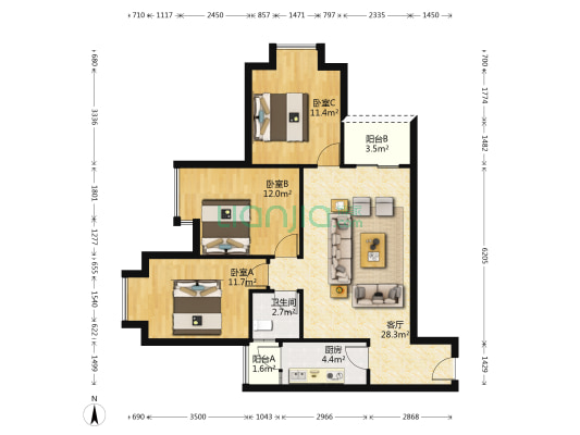 东林丽景 3室1厅1卫 90平方