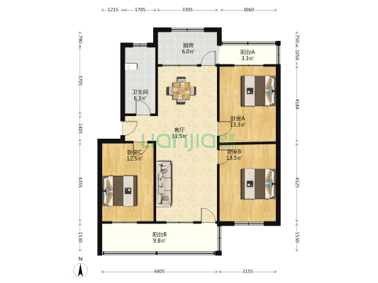 市体育局小区 3室1厅1卫 110平方