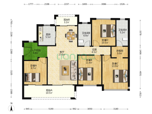绿地珑玥府 4室1厅2卫 126平方