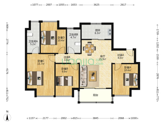 瑰丽天阅苑 4室1厅2卫 126平方