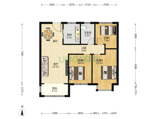 鲁商学府公馆 3室1厅1卫 102平方