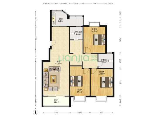 康嘉大景城北区 3室1厅2卫 139平方
