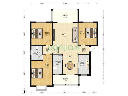 永达兴城景苑 3室1厅2卫 129平方