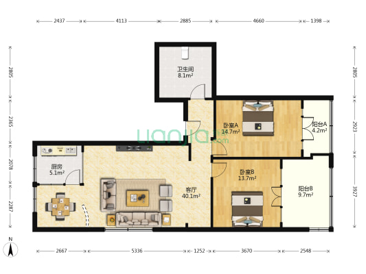 华玺花园 2室1厅1卫 128平方