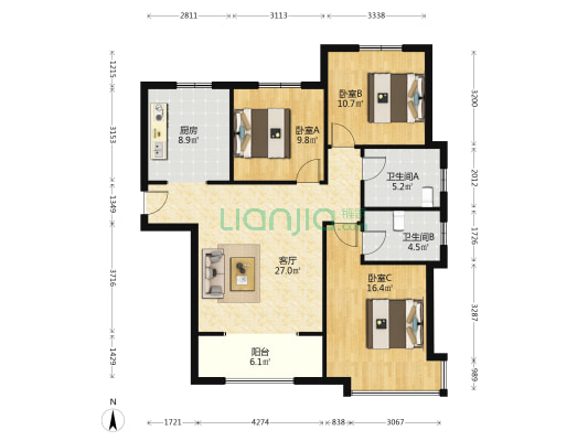 次顶层 全天采光 视野开阔  南北通透 明厨双明卫-户型图