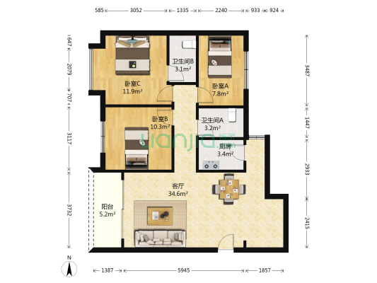 百顺名居 3室1厅2卫 96平方