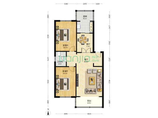 万新家园 2室2厅1卫 102平方