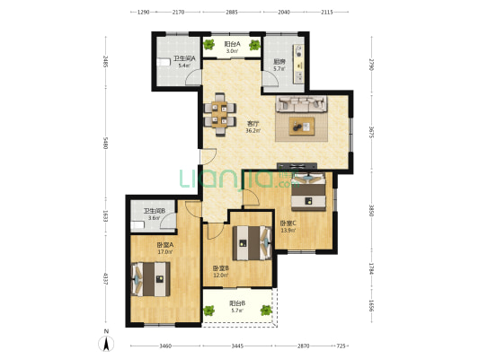丽晶苑 3室1厅2卫 135平方