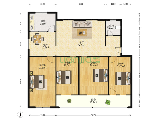 凭心街工商局家属院 4室2厅1卫 155平方