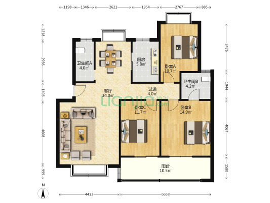 滨湖小区 3室1厅2卫 113平方